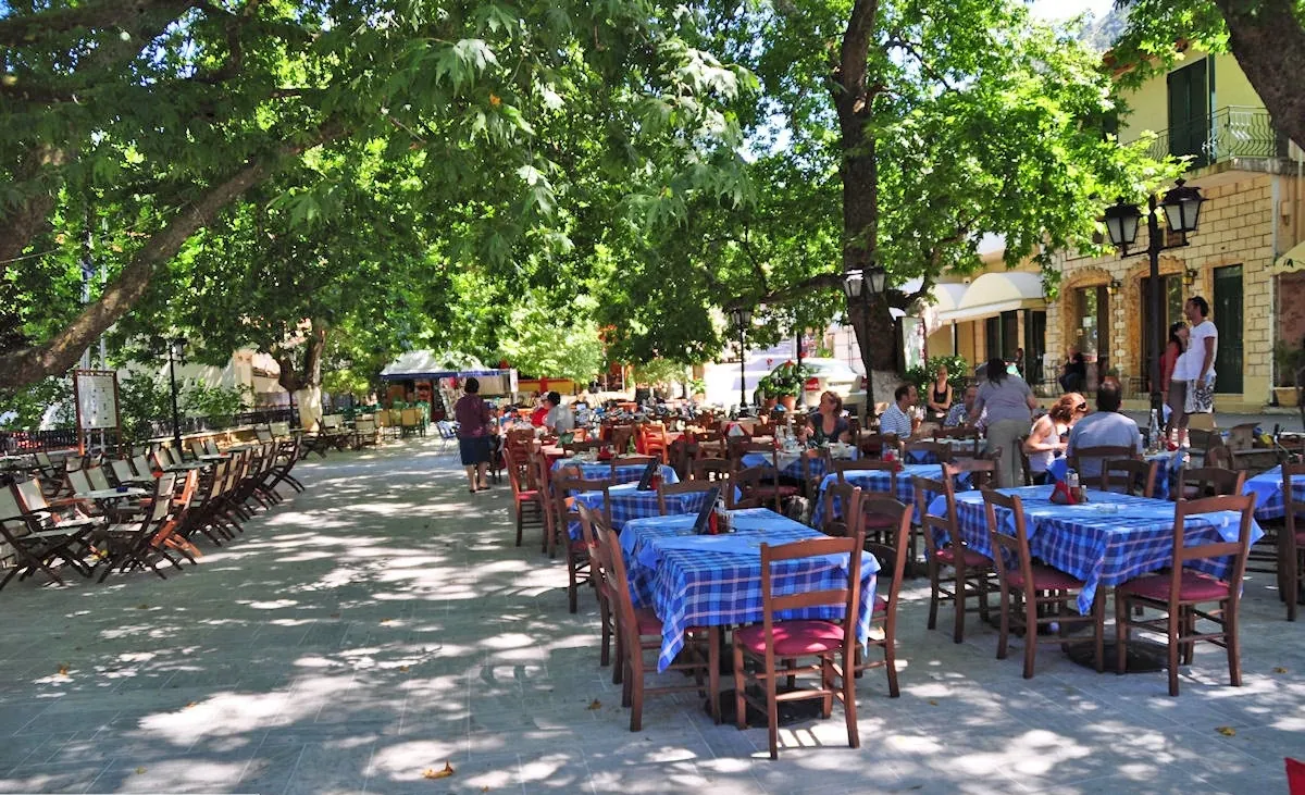 Karya village square with traditional architecture in Lefkada
