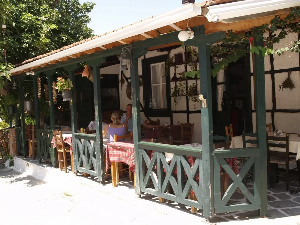 Traditional tavernas at Katouna village square in Lefkada