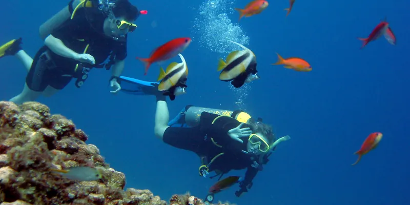 Scuba diving in the crystal clear waters of Lefkada