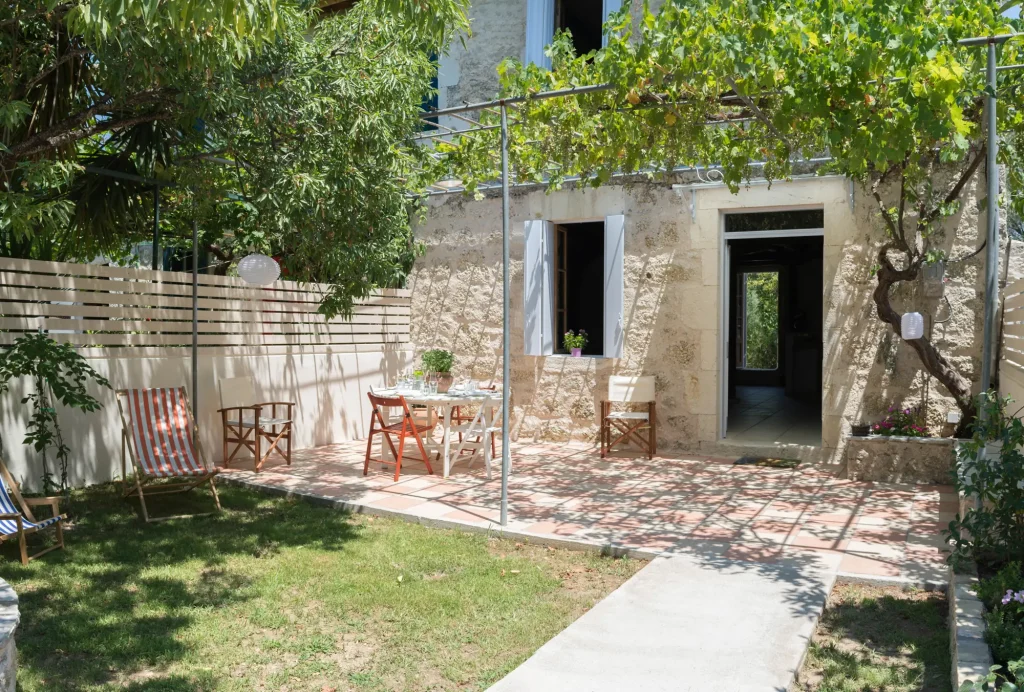 Entrance and front yard of Villa Rocca in Nikiana, Lefkada (first aspect)