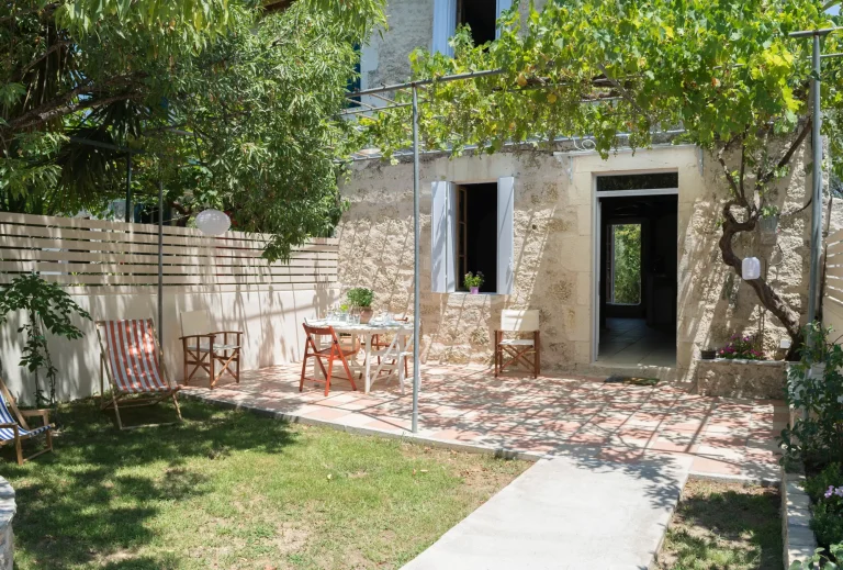 Entrance and front yard of Villa Rocca in Nikiana, Lefkada (first aspect)
